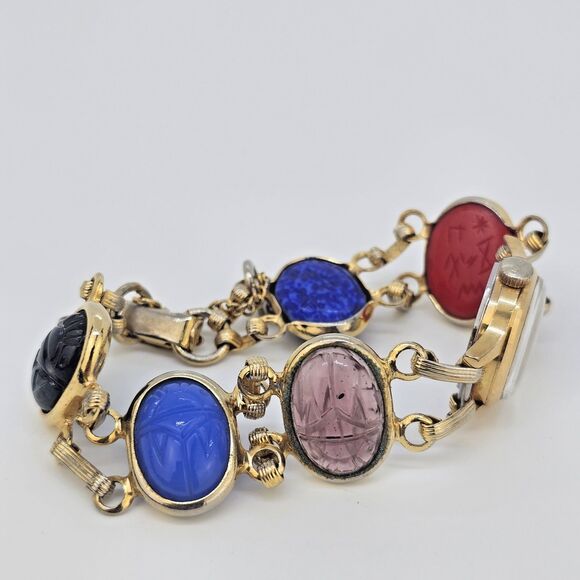 VTG Lusina Geneve 20MM Wind Up Women's Watch 21 Jewels Scarab Band 7" WORKING - Picture 11 of 13